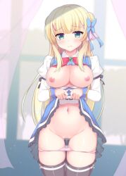 3: absurdres ass_visible_through_thighs black_thighhighs blonde_hair blue_bow blue_skirt blunt_bangs blurry blurry_background blush bow bowtie breasts breasts_out censored chataring_mai cleavage closed_mouth clothes_lift commentary_request cowboy_shot double_bun female frilled_skirt frills furrowed_brow gem green_eyes green_gemstone groin hair_bun hair_ornament hairbow high-waist_skirt highres indoors juliet_sleeves kin-iro_loveriche large_breasts lifted_by_self long_hair long_sleeves looking_at_viewer mosaic_censoring navel nipples no_bra panties panty_pull pink_panties presenting puffy_sleeves pussy_juice pussy_juice_stain pussy_juice_trail red_bow red_bowtie school_uniform shiny_skin shirt shy sidelocks skindentation skirt skirt_lift solo standing straight_hair sylvia_le_cruzcrown_sortilege_sisua thighhighs thighs underwear very_long_hair white_shirt x_hair_ornament