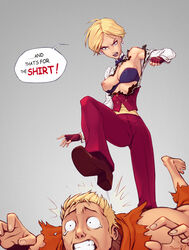 1boy armpits blonde_hair bottomwear bra breast_slip breasts burn_mark canonical_scene clenched_teeth clothing earrings evilash female fingerless_gloves footwear freideugoi gloves handwear human humiliation jewelry kicking king_(snk) king_of_fighters large_breasts nipples one_breast_out pants ryo_sakazaki sash short_hair snk stomping tagme topless topwear torn_bra torn_clothes torn_shirt tuxedo underwear