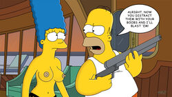 1boy 1boy1girl 1girls balding blue_hair breasts clothes color day english_text erect_nipples female gun hair holding_weapon homer_simpson human implied_prostitution indoors male marge_simpson nipples rifle tagme text the_simpsons topless weapon wvs yellow_skin