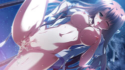 aqua_eyes areolae blood blush breasts brown_hair female game_cg glowing long_hair natsuzora_no_perseus navel night nipples open_clothes open_mouth outdoors pussy sawatari_tohka short_sleeves shouna_mitsuishi sky solo star_(sky) starry_sky sweat takasaki_mako uncensored virgin wince