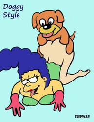 blue_hair canine clothes color dog female feral front_view fur hair human interspecies male marge_simpson sex size_difference slipway straight tagme the_simpsons