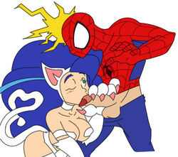 1boy 1boy1girl 1girls blue_hair blue_hair_female capcom clothing crossover darkstalkers eastern_and_western_character felicia_(darkstalkers) fellatio female human interspecies male marvel marvel_comics marvel_vs._capcom medium_breasts oral_sex pale_skin peter_parker praiz spider-man spider-man_(series) spider_sense straight straight_hair tagme white_background