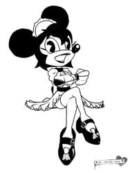 anthro black_eyes black_nose bra breasts clothes crossed_legs disney dr-cane dress female female_only footwear front_view fur furry mickey_mouse monochrome mouse nipples open_eyes round_ears rule_63 shoes sitting solo white_background