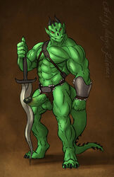 1boy dragon erection full-length_portrait full_length green_body green_skin horns lizard looking_at_viewer male male_only mickey_the_retriever penis portrait reptile scalie solo standing sword varanis_blackclaw weapon