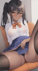 1girls ai_generated anything_diffusion black_hair breasts breasts_visible_through_clothing brown_eyes cameltoe clothed clothing female_focus female_only hayase_nagatoro legwear long_hair looking_at_viewer medium_breasts orange_eyes please_don't_bully_me,_nagatoro revealing_clothes ribbon school_uniform schoolgirl skirt smile solo spread_legs stockings tan tan_skin tanned thighhighs thighs thong