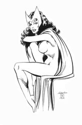 1990s 1992 1girls 2010 20th_century avengers breasts cape female female_only human john_byrne marvel monochrome mostly_nude scarlet_witch side_view sitting solo straight_hair tagme wanda_maximoff x-men year