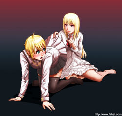 2girls all_fours alternate_costume barefoot blonde_hair blue_eyes blush dress eleonore_kliesen emilie_de_rochefort female female_only girly green_eyes hibal human leo_kliesen long_hair multiple_females open_mouth short_hair skirt skirt_lift tear tekken tekken_6 thighhighs white_dress yuri zettai_ryouiki