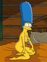 barefoot bed blue_hair breasts color female female_only hair human indoors kneeling marge_simpson nipples nude side_view solo tagme the_simpsons wvs yellow_skin