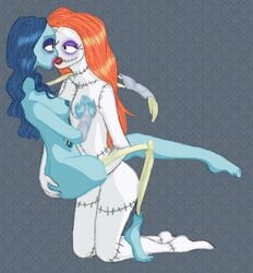 2girls blue_hair corpse_bride crossover detectiveknight disney emily_(corpse_bride) fingering kissing lipstick long_blue_hair long_hair long_orange_hair multiple_girls nightmare_before_christmas orange_hair pink_lipstick red_lipstick sally_(the_nightmare_before_christmas) small_breasts tim_burton warner_brothers yuri zombie zombie_girl