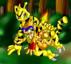 anthro color cum electabuzz female fire forest front_view fur furry insertion interspecies male monferno nude outdoors penis pokemon sex size_difference straight tagme tail tail_fire vulva