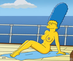 accurate_art_style blue_hair breasts closed_eyes day female female_only huge_eyes human marge_simpson matt_groening_(style) nipples nude outdoors sitting smile solo tagme the_simpsons toony wvs yellow_skin