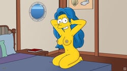 accurate_art_style bed blue_hair breasts female female_only hair_down huge_eyes human indoors long_hair marge_simpson matt_groening_(style) nude on_bed sitting smile solo tagme the_simpsons toony wvs yellow_skin