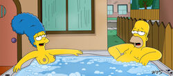 blue_hair breasts color day female hair homer_simpson human male marge_simpson nipples outdoors sitting tagme the_simpsons water wvs yellow_skin