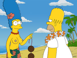 blue_hair breasts clothes color day female hair homer_simpson human male marge_simpson nipples outdoors smile tagme the_simpsons topless wvs yellow_skin