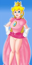 clothes color crown dress_lift ear_piercing female female_only front_view gloves hair human long_hair mario_(series) mrchocolate nintendo piercing princess_peach solo standing tagme yellow_hair