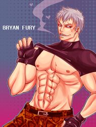 1boy blue_eyes bryan_fury camouflage_pants cyborg fingerless_gloves heart male_only muscular muscular_male nipples scar short_hair showing_off smoking tagme tekken white_hair