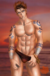 1boy abs artist_request bracelet brown_eyes clothed clothed_male clothes clothing color colored facing_viewer hong_yun-seong human human_only looking_at_viewer male male_focus male_only orange_hair pecs short_hair simple_background solo solo_focus solo_male soul_calibur speedo spiky_hair standing tattoo tattoos uncensored