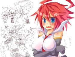 adell artist_request blue_eyes blush breasts detached_sleeves disgaea disgaea_2 embarrassed etna genderswap_(mtf) hanako_(disgaea) large_breasts nippon_ichi_software red_hair rule_63 tie tink_(disgaea)