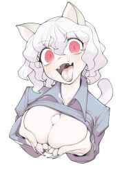 1girls aioi_u big_breasts big_eyes blush breast_grab breasts breasts_squeezed_together cat_ears cat_tail catgirl clothes_lift clothing collared_shirt cum cum_between_breasts cum_in_mouth cum_on_breasts cum_on_face cum_on_tongue eyebrows_visible_through_hair eyelashes fangs female female_only fingernails hair hair_between_eyes happy happy_female head_tilt hi_res hunter_x_hunter light-skinned_female light_skin long_fingernails looking_at_viewer neferpitou open_mouth open_smile pale-skinned_female pale_skin pressing_breasts_together red_eyes shirt_lift slit_pupils smile smiling smiling_at_viewer solo tongue tongue_out uvula white_background white_hair