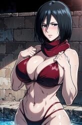 ai_generated asian asian_female attack_on_titan belly_button big_breasts bikini black_hair blush fit_female in_pool mikasa_ackerman pool scarf shingeki_no_kyojin short_hair