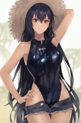 1girls black_hair black_one-piece_swimsuit black_swimsuit breasts denim_shorts female female_only fully_clothed hand_on_hip hat kantai_collection kasumi_(skchkko) large_breasts long_hair looking_at_viewer model_pose nagato_(kantai_collection) one-piece_swimsuit open_fly red_eyes short_shorts shorts straw_hat swimsuit swimsuit_under_clothes unbuttoned_shorts