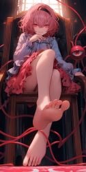 1girls ai_generated bangs bare_legs barefoot clothed clothing crossed_legs feet female female_only foot_fetish hi_res highres komeiji_satori short_hair skirt soles toes touhou