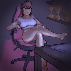 breasts brown_hair chair covered_nipples d.va dildo gigabit indoors long_hair masturbation medium_breasts on_chair overwatch sex_toy sitting vaginal_penetration