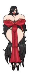 bimbo bimbo_lips bimbofication black_hair bradtanker3 choker cinder_fall edit edited female high_heels hourglass_figure huge_breasts long_hair red_dress rwby thick_lips thick_thighs transformation yellow_eyes