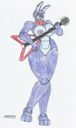 animatronic animatronic_female animatronic_girl anthro articulated_hooves big_breasts big_hips blue_body blue_fur blue_hair bonnie_(fnaf) bowtie female_only five_nights_at_freddy's fnaf furry guitar marlon64 naked_bowtie naked_female purple_nipples rabbit_girl rabbit_humanoid red_eyes rule_63 smile white_background