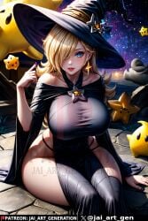 ai_generated bare_shoulders black_dress blonde_hair blue_eyes hair_over_one_eye huge_breasts huge_hips luma mario_(series) narrow_waist nintendo princess_rosalina slim_waist super_mario_galaxy witch witch_costume witch_hat