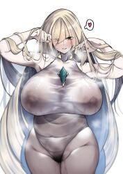 1girls alternate_breast_size blonde_hair breasts chubby clothed female game_freak green_eyes hair_over_one_eye huge_breasts light-skinned_female light_skin long_hair lusamine_(pokemon) mature_female milf mother nintendo nipples_visible_through_clothing pokemon pokemon_sm pubic_hair pubic_hair_peek pussy_juice ryouten9 see-through see-through_clothing slightly_chubby sweat sweaty_body