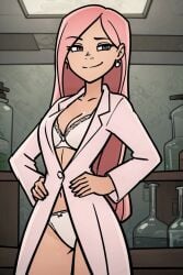 1girl 1girls ai_generated bra diana_(metal_family) female female_focus female_only gray_eyes happy lab_coat laboratory metal_family panties pink_hair pink_shirt pink_underwear smile smiling solo solo_female solo_focus white_bra white_panties