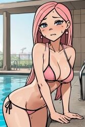 1girl 1girls ai_generated bathing_suit diana_(metal_family) female female_focus female_only metal_family pink_bra pink_hair pink_panties pool poolside public public_nudity small_breasts small_panties solo solo_female solo_focus