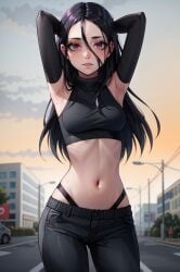 ai_generated black_hair exposed_torso lif_(metal_family) metal_family nude_female outside public public_nudity red_eyes russian sports_bra sportswear