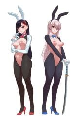 2girls animal_ears black_hair breasts carbon12th choker collar fake_animal_ears female female_only gloves hair_ornament half_gloves high_heels long_hair mato_seihei_no_slave medium_breasts meme_attire multiple_girls navel nipples pink_choker pink_hair pussy rabbit_ears revealing_clothes reverse_bunnysuit reverse_outfit stomach sword transparent_background uzen_kyouka weapon wrist_cuffs yamashiro_ren