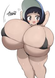 2023 aged_up big_boobs bikini black_hair brown_eyes female hands_behind_head highres huge_breasts jaga334 looking_at_viewer nintendo open_mouth pokemon pokemon_sv poppy_(pokemon) presenting presenting_breasts shortstack simple_background skimpy solo thick_thighs wide_hips