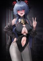 1girls blue_hair breasts female ganyu_(genshin_impact) genshin_impact hi_res horns large_breasts light-skinned_female light_skin long_hair pantyhose peace_sign purple_eyes smile suou-sensei thick_thighs wide_hips