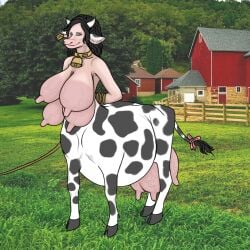 1:1 2021 4_breasts 4_legs absurd_res accessory after_transformation bell bell_collar belly big_belly black_hair black_hooves blue_eyes bound bovid bovid_taur bovine bovine_taur breasts bucentaur cattle cattle_taur character_request clothed clothing collar comically_large_areolae copyright_request digital_media_(artwork) erect_nipples farm female field furgonomics grassy_field hair hi_res hooves looking_at_viewer mammal mammal_taur multi_breast nipples photo_background photography_(artwork) ribbons smile solo standing tail tail_accessory tail_ribbon taur teats topless udders varkidt veiny_breasts veiny_nipples veiny_udders