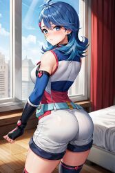 ai_generated ass blue_angel blue_eyes blue_hair blue_maiden blush clothing earrings female focus_on_ass gloves heart hi_res hips legwear looking_back sephiaton955 short_hair solo yu-gi-oh! yu-gi-oh!_vrains zaizen_aoi