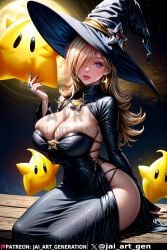 ai_generated bare_shoulders black_dress blonde_hair blue_eyes hair_over_one_eye huge_breasts huge_hips jai_art_gen luma mario_(series) narrow_waist nintendo potion princess_rosalina revealing_clothes slim_waist stable_diffusion super_mario_galaxy witch witch_costume witch_hat