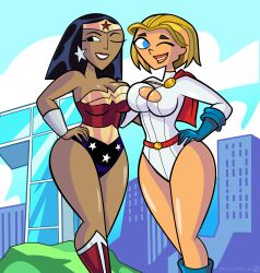 2girls alternate_costume breasts cleopatra_smith clone_high cosplay crossover dark-skinned_female dark_skin dc_comics female female_only history lindsay_(tdi) pills-in-a-little-cup power_girl_(cosplay) public_domain total_drama_island white_skin wonder_woman_(cosplay) wonder_woman_(series)