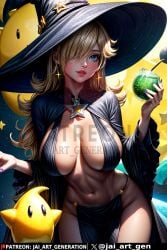 ai_generated bare_shoulders black_dress blonde_hair blue_eyes hair_over_one_eye huge_breasts huge_hips jai_art_gen luma mario_(series) narrow_waist nintendo potion princess_rosalina revealing_clothes slim_waist stable_diffusion super_mario_galaxy witch witch_costume witch_hat