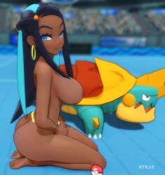 1girl 1girls 3d ass big_ass big_breasts big_butt blue_eyes breasts casual_nudity crowd dark-skinned_female dark_skin exhibitionism female female_focus game_freak happy happy_female htr18 large_breasts looking_at_viewer naked naked_female nessa_(pokemon) nintendo nude nude_female on_knees pokeball pokemon pokemon_ss public public_nudity smile smiling smiling_at_viewer stadium tagme