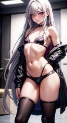 ai_generated balls_in_panties black_bra black_panties bra bulge eyeliner eyeshadow femboy long_hair panties penis_bulge seaart.ai stockings trap undressing white_hair