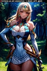 ai_generated blonde_hair cleavage core_crystal holding holding_sword jai_art_gen large_breasts long_hair mythra_(xenoblade) narrow_waist slim_waist stable_diffusion tiara white_dress wide_hips xenoblade_(series) xenoblade_chronicles_2