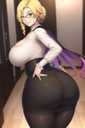 1girls ai_generated ass ass_focus big_ass big_breasts big_butt blonde_hair cape corset earrings eyes female female_focus female_only glasses glynda_goodwitch green_eyes huge_ass huge_breasts large_ass light-skinned_female light_skin looking_at_viewer looking_back miniskirt pantyhose pencil_skirt rwby thick_ass transformationwitch wide_hips