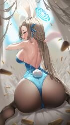 absurdres animal_ears ass asuna_(blue_archive) asuna_(bunny)_(blue_archive) backless_leotard black_pantyhose blue_archive blue_eyes blue_halo blue_leotard blush breasts elsynien fake_animal_ears fake_tail female hair_over_one_eye halo highres large_breasts leotard light_brown_hair long_hair looking_at_viewer millennium_science_school_student official_alternate_costume open_mouth pantyhose playboy_bunny sideboob smile solo tail