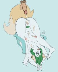 after_sex after_vaginal blue_eyes breasts covered_in_cum cum_in_mouth cum_in_pussy dripping_cum fox_ears fox_tail green_hair hyperitta original_character penis pussy ritta_(hyperitta) sitting_on_chair upside-down