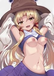 1girls areolae blonde_hair breasts clothed_female exposed_breasts goddess hands_behind_head hat lifted_shirt light-skinned_female long_hair nipples open_mouth petite sana514 solo solo_female suwako_moriya touhou touhou7716 white_background yellow_eyes