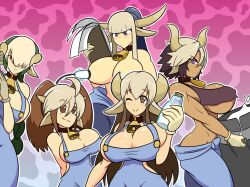 5girls animal_ears animal_legs bovine breasts cara_(monster_musume) chizu_(monster_musume_no_iru_nichijou) cleavage covered_nipples cow_girl cream_(okayado) female female_minotaur female_only holstaurus horns keenobishinobi large_breasts looking_at_viewer mil_(monster_musume) milk milking_machine minotaur minotaur_female monster_girl monster_musume_no_iru_nichijou multiple_girls overalls urt_(monster_musume) wink winking_at_viewer